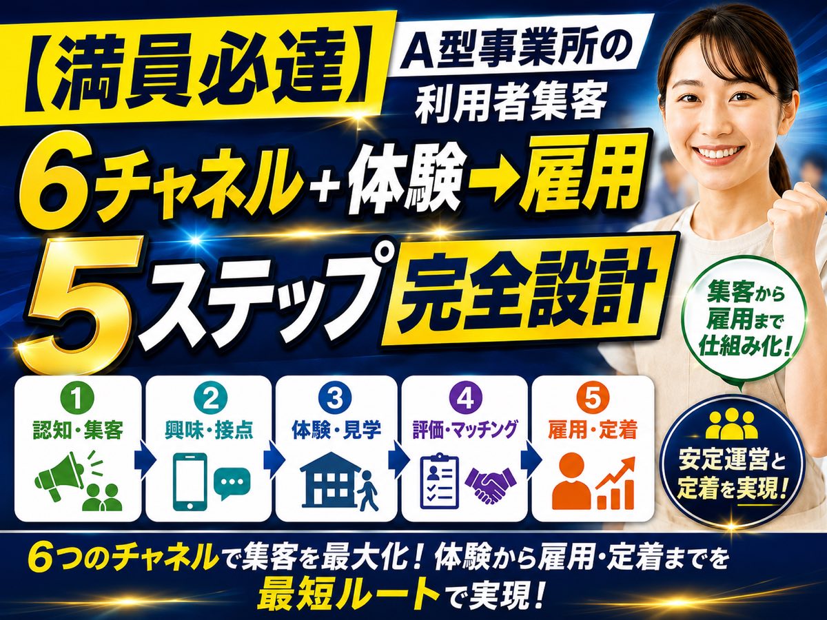 【満員必達】A型事業所の利用者集客|6チャネル+体験→雇用5ステップ完全設計